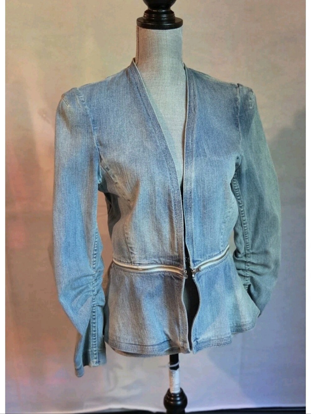 REBECCA TAYLOR Womens 12 Blue Denim Peplum Zip Accent Jacket Ruched Sleeves - Picture 2 of 12